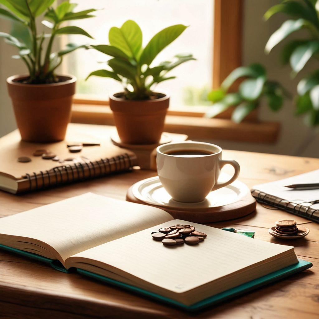 A serene and inviting workspace featuring a wooden desk with an open notebook, heart-shaped coins scattered around, and a warm cup of coffee. Include a soft glowing light illuminating the scene, symbolizing hope and positivity in financial planning. In the background, a green plant symbolizes growth and compassion, creating a harmonious atmosphere. super-realistic. warm colors. soft focus.