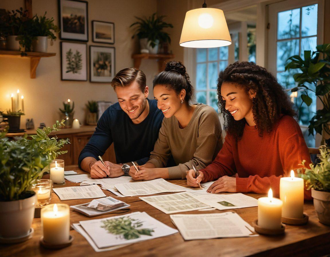 A serene scene depicting a couple joyfully reviewing their finances together at a cozy dining table, surrounded by warm light and elements symbolizing harmony, such as plants and candles. In the background, a vision board with positive financial goals and dreams can be seen. The atmosphere conveys transformation from stress to security. vibrant colors. soft lighting. cozy interior.