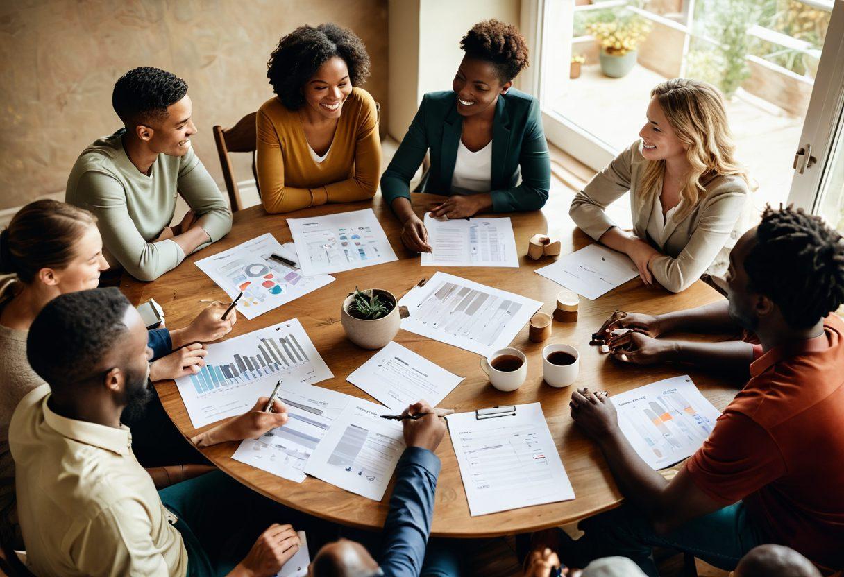 A warm and inviting scene depicting a diverse group of people gathered around a table, joyfully sharing ideas and strategies for financial planning. Soft, earthy tones create a comforting atmosphere, while charts and notes about debt elimination and financial independence are visible. A heart-shaped symbol subtly integrated into the background to represent love and compassion in building wealth. The focus is on connection and collaboration. vibrant colors. super-realistic.